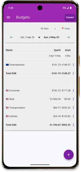 a phone showing budget categories